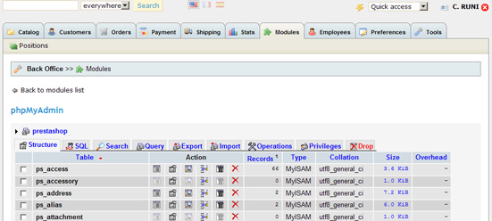 Módulo Prestashop Phpmyadmin en el administrador