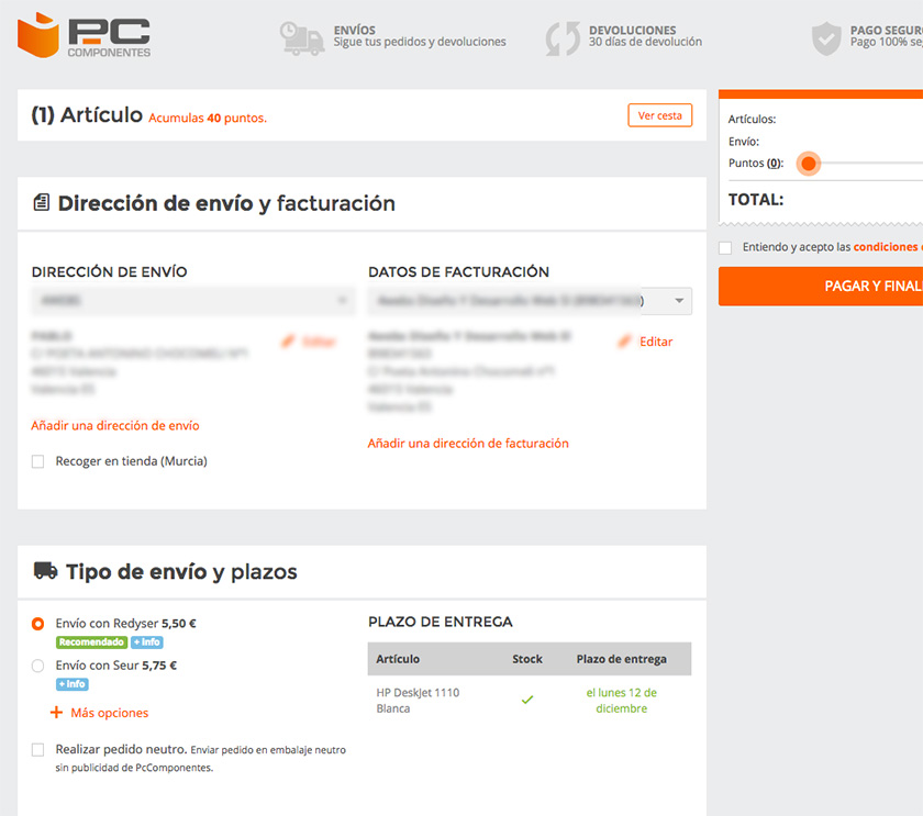 Proceso de pago PCComponentes