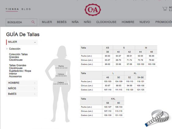 guia de tallas tienda online cya 4webs