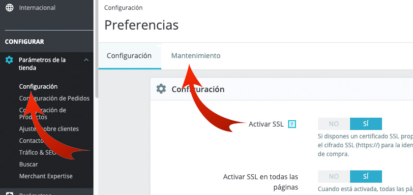 Acceso a modo mantenimiento en Prestashop