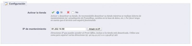 Pantalla de mantenimiento en Prestashop 1.5