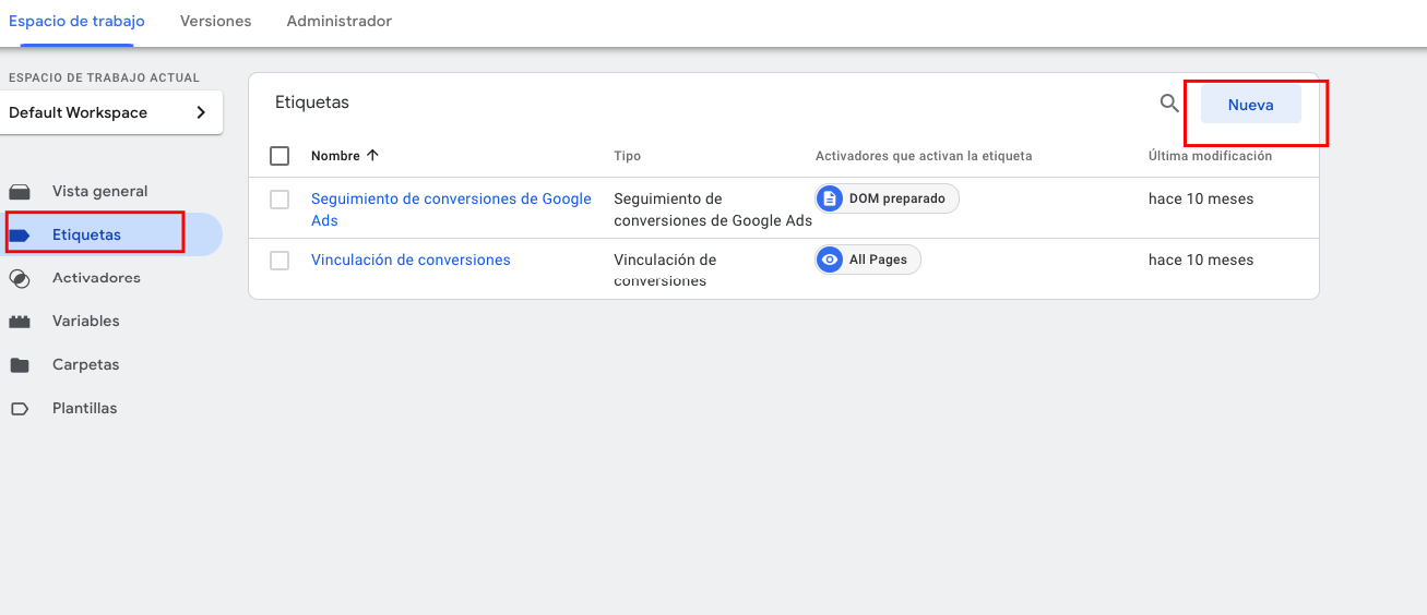 nueva etiqueta- tag manager
